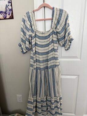 Blue Striped Cream Maxi Dress with Smocked Bodice